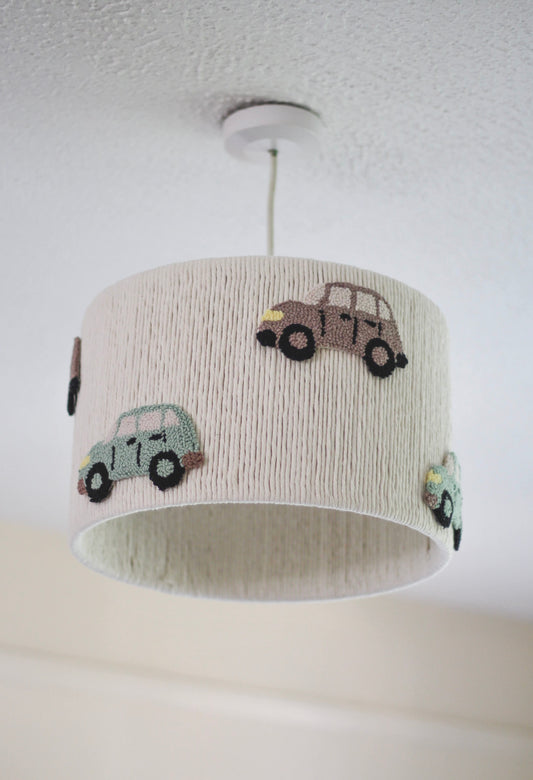 CAR LAMPSHADE decorated with brown and green cars