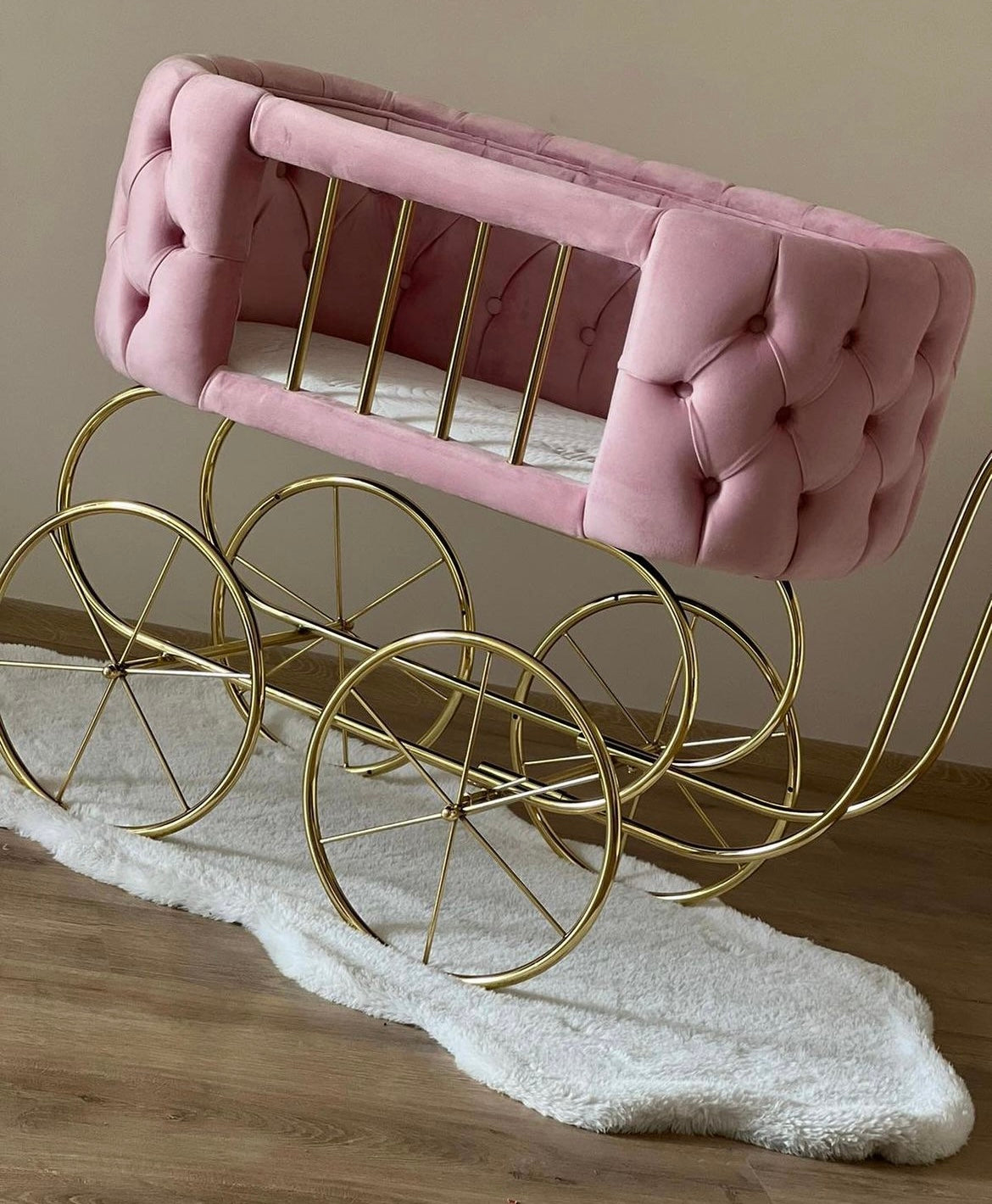 Luxury Baby Crib With Gold Wheels - Hot Pink