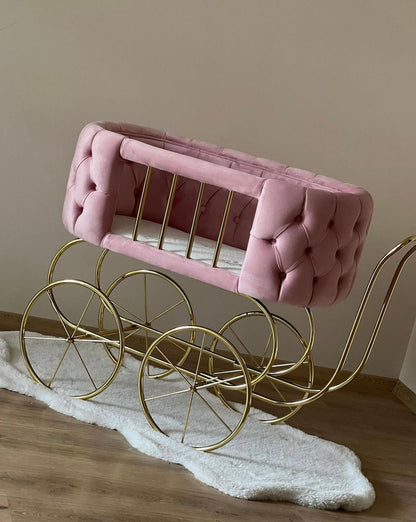 Luxury Baby Crib With Gold Wheels - Hot Pink