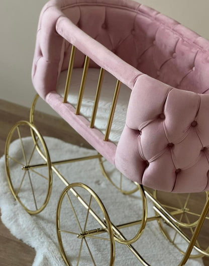 Luxury Baby Crib With Gold Wheels - Hot Pink