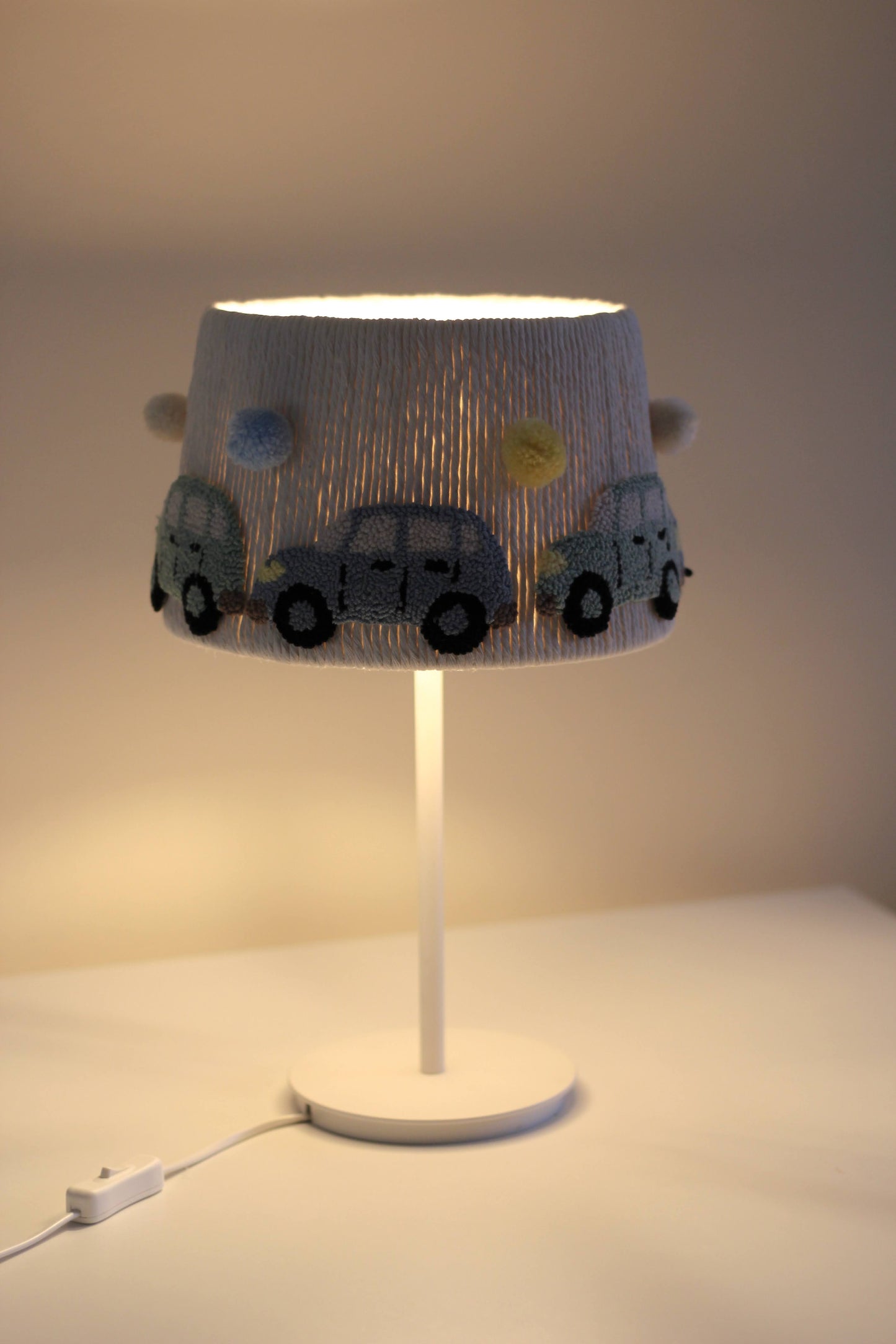 CAR TABLE LAMPSHADE WITH POM POMS