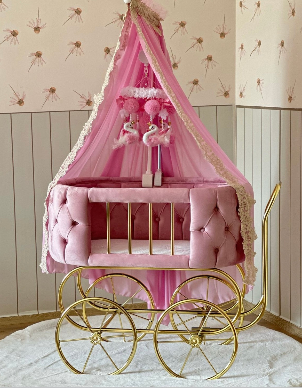 Luxury Baby Crib With Gold Wheels - Hot Pink