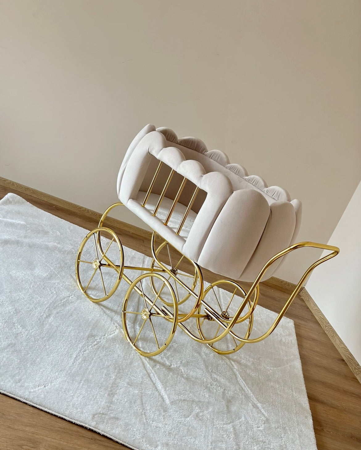 Luxury Baby Crib With Gold Wheels Light Beige