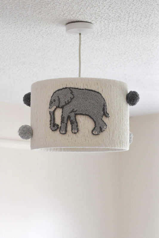 ELEPHANT THEMED LAMPSHADE decorated with elephants and pom poms