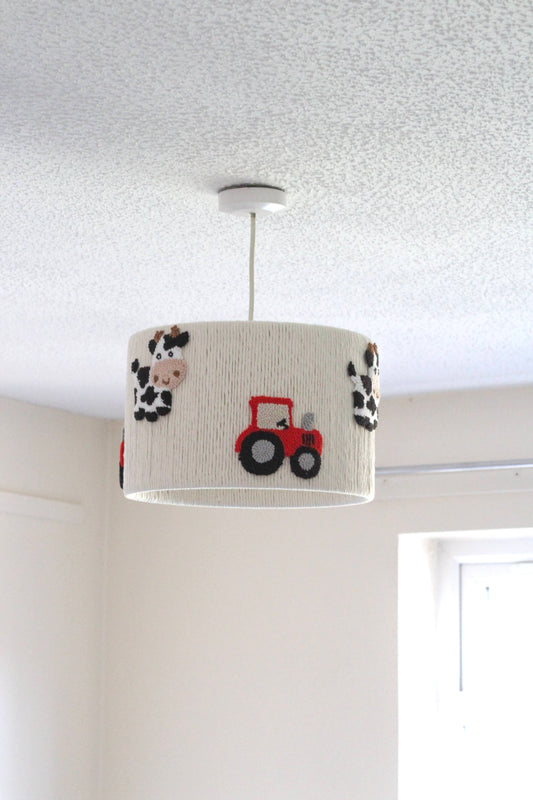 FARM THEMED LAMPSHADE decorated with cows and red tractors 🐄